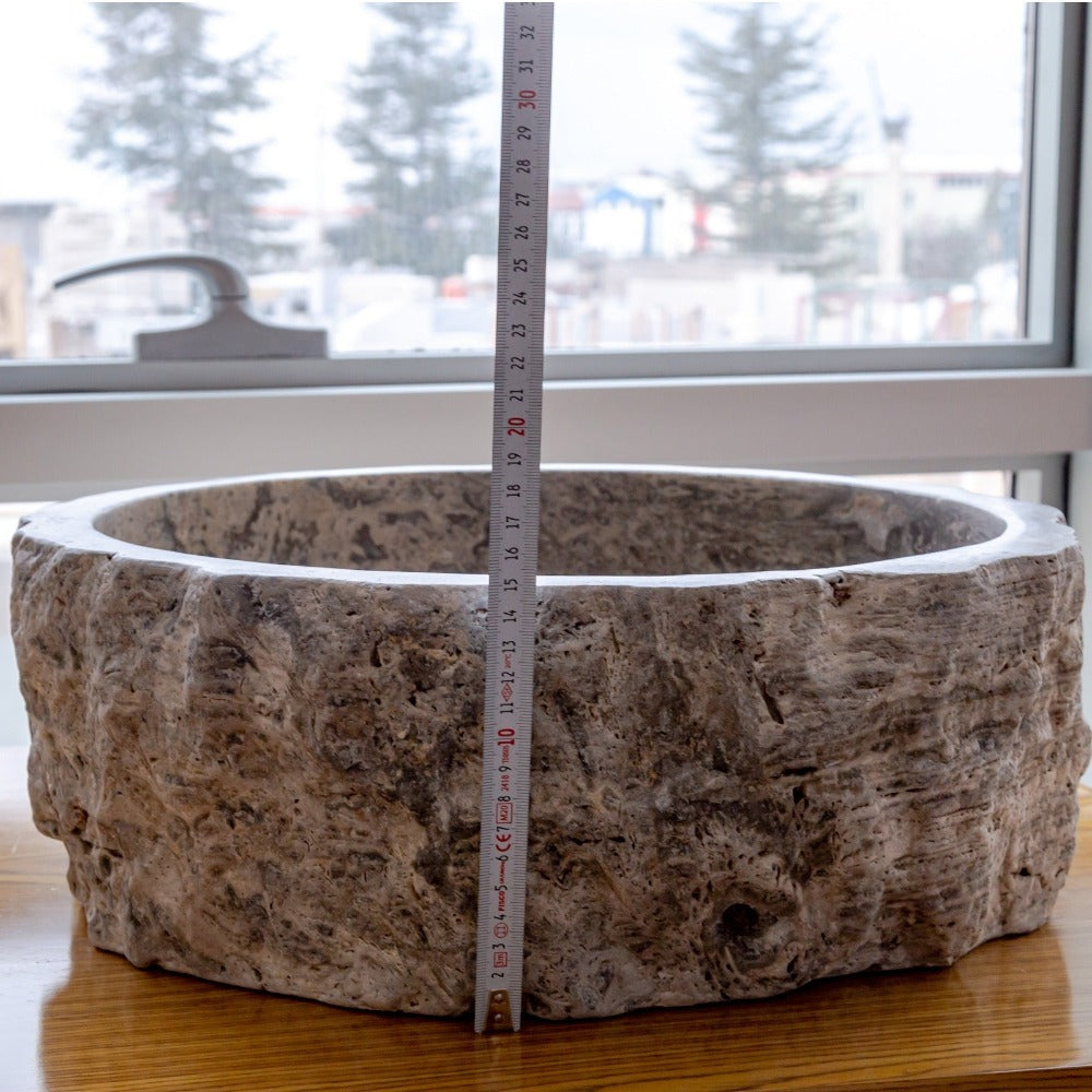 Silver Travertine Rustic Stone Vessel Sink Honed Interior Hand Chiseled Exterior (D)16