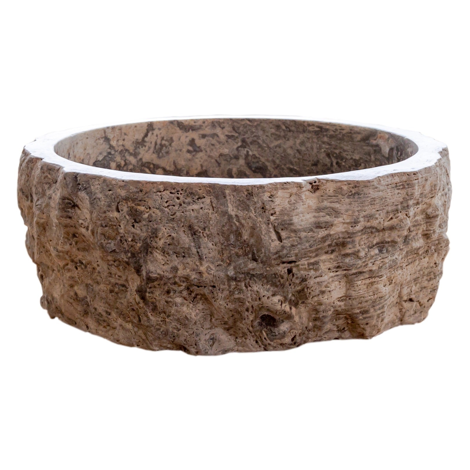 Silver Travertine Rustic Stone Vessel Sink Honed Interior Hand Chiseled Exterior (D)16