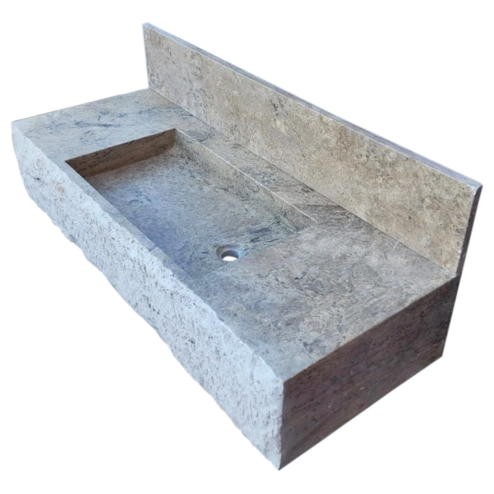 Silver Travertine Rustic Rectangular Wall-mount Bathroom Sink with 8