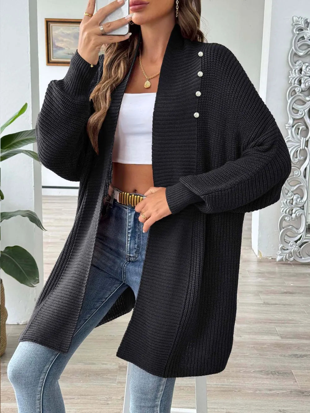 Simple and fashionable loose sweater with pearl nail beads cardigan