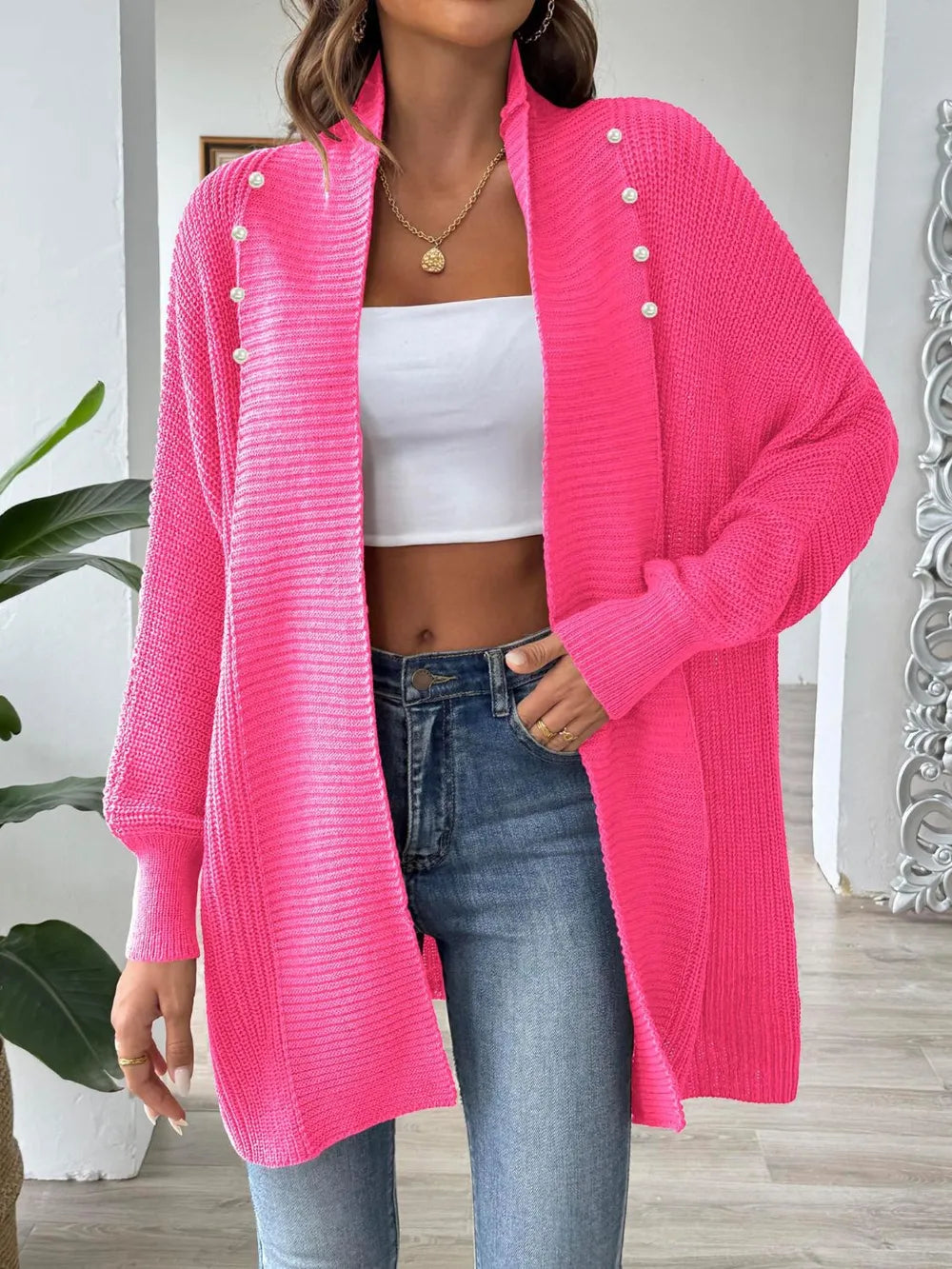 Simple and fashionable loose sweater with pearl nail beads cardigan