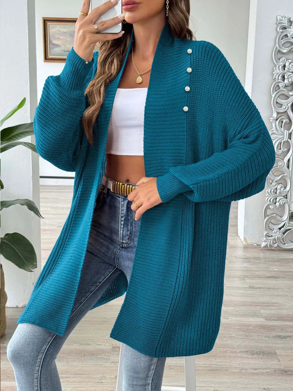 Simple and fashionable loose sweater with pearl nail beads cardigan