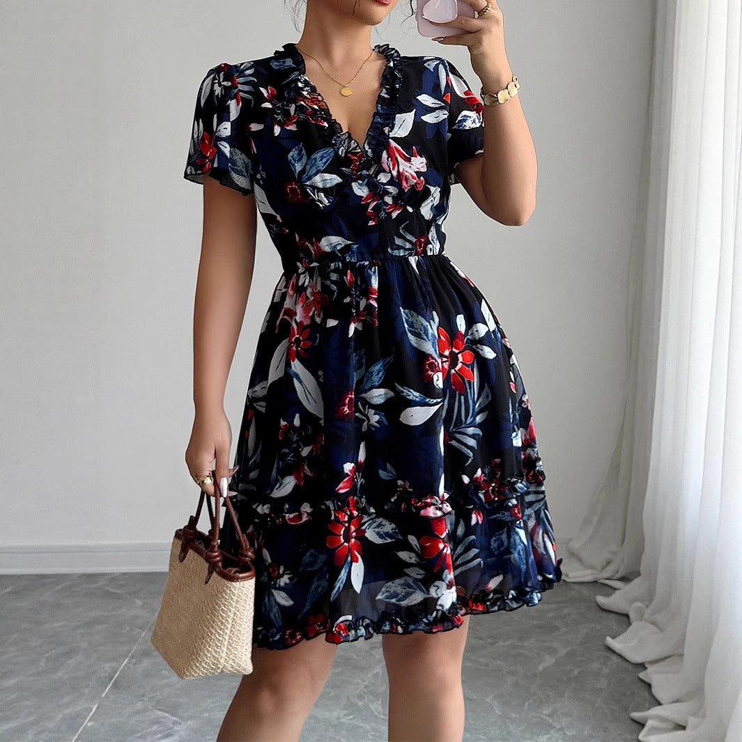 Simple deep V-floral dress dress