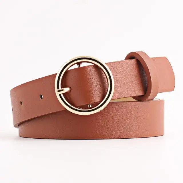 Simple Double Round Buckle PU Leather Waist Strap Vintage Design Double O-Ring Buckle  Women Leather Belt For Jeans And Dresses