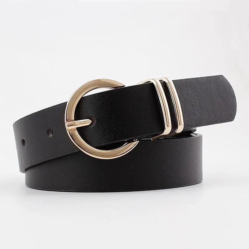 Simple Double Round Buckle PU Leather Waist Strap Vintage Design Double O-Ring Buckle  Women Leather Belt For Jeans And Dresses