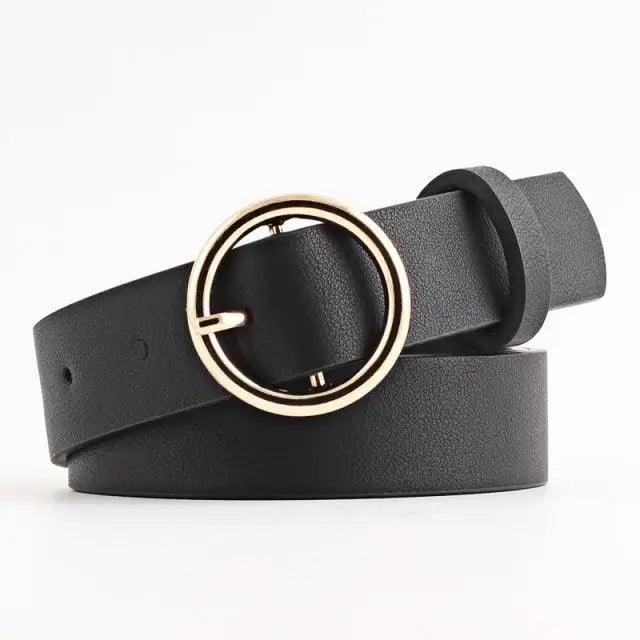 Simple Double Round Buckle PU Leather Waist Strap Vintage Design Double O-Ring Buckle  Women Leather Belt For Jeans And Dresses