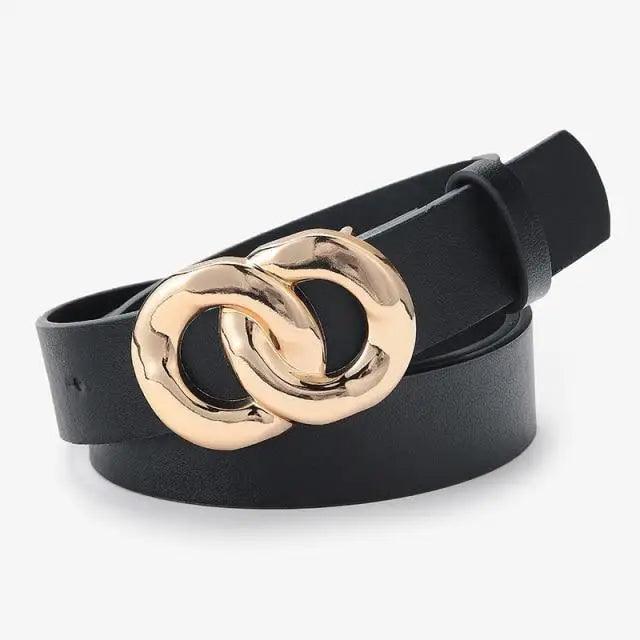 Simple Double Round Buckle PU Leather Waist Strap Vintage Design Double O-Ring Buckle  Women Leather Belt For Jeans And Dresses