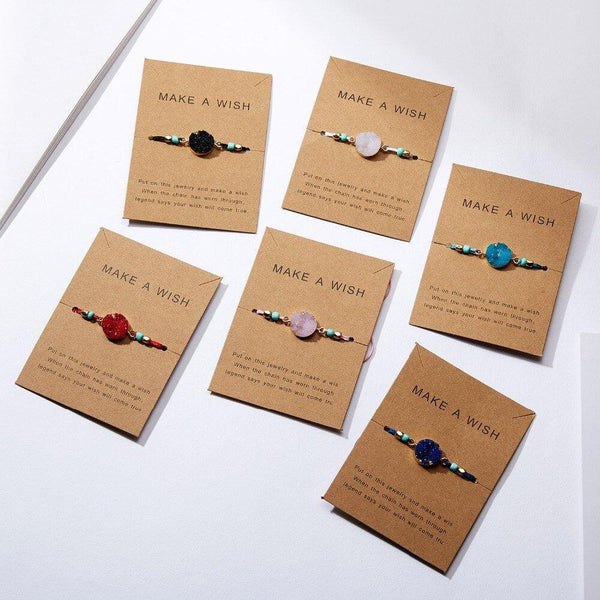 Simple Stone Charm Bracelet Colorful Black Red String Braided Couple Bracelets Wish Card Jewelry Handmade Woven Thread Rope String Nature Stone Beads Charm Bracelet Cuff Bangles With Message Card 18-30cm
