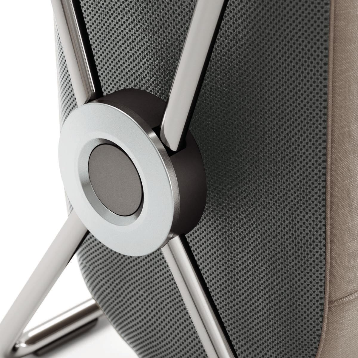 Close-up of a modern office chair with metallic armrests and mesh backrest.