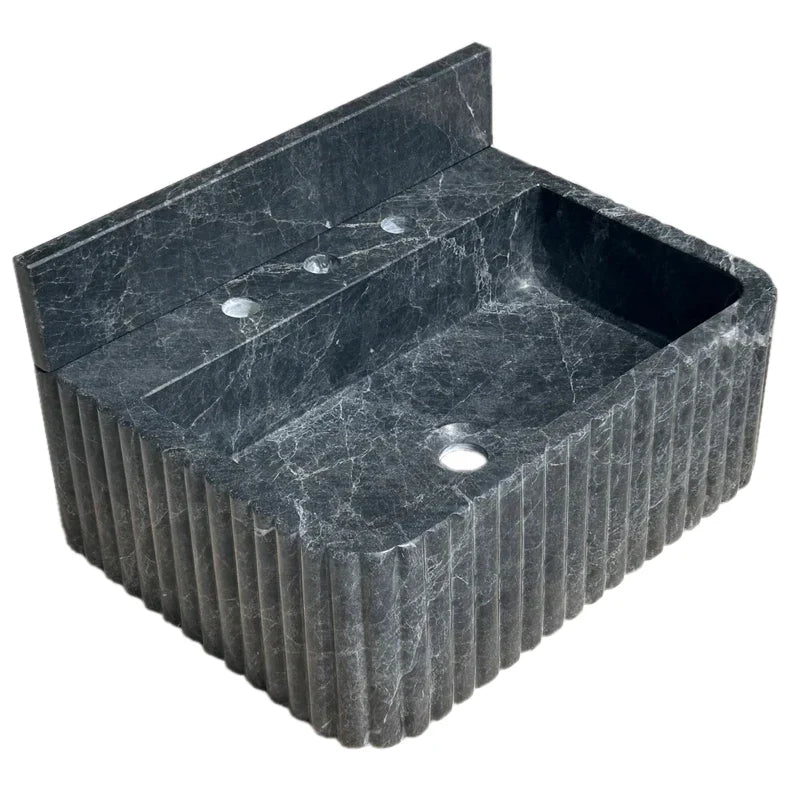 Sirius Black Marble Wall-mount Bathroom Sink Ribbed with 4