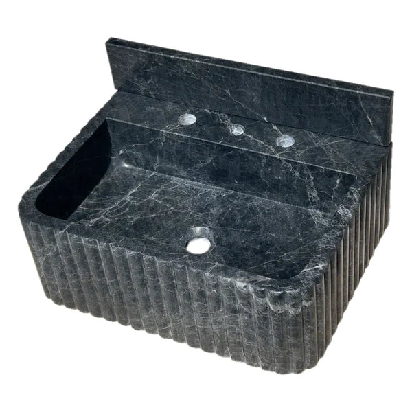 Sirius Black Marble Wall-mount Bathroom Sink Ribbed with 4