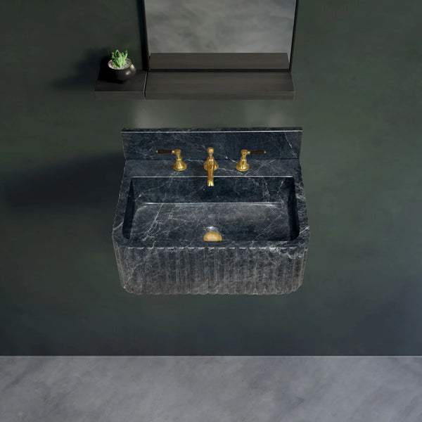 Sirius Black Marble Wall-mount Bathroom Sink Ribbed with 4