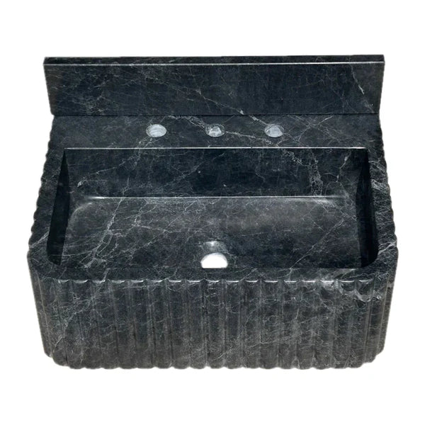 Sirius Black Marble Wall-mount Bathroom Sink Ribbed with 4