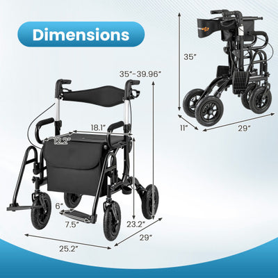 2-in-1 Foldable Rollator Walker with Seat abd 9 Inch Pneumatic Tires for Seniors-Black