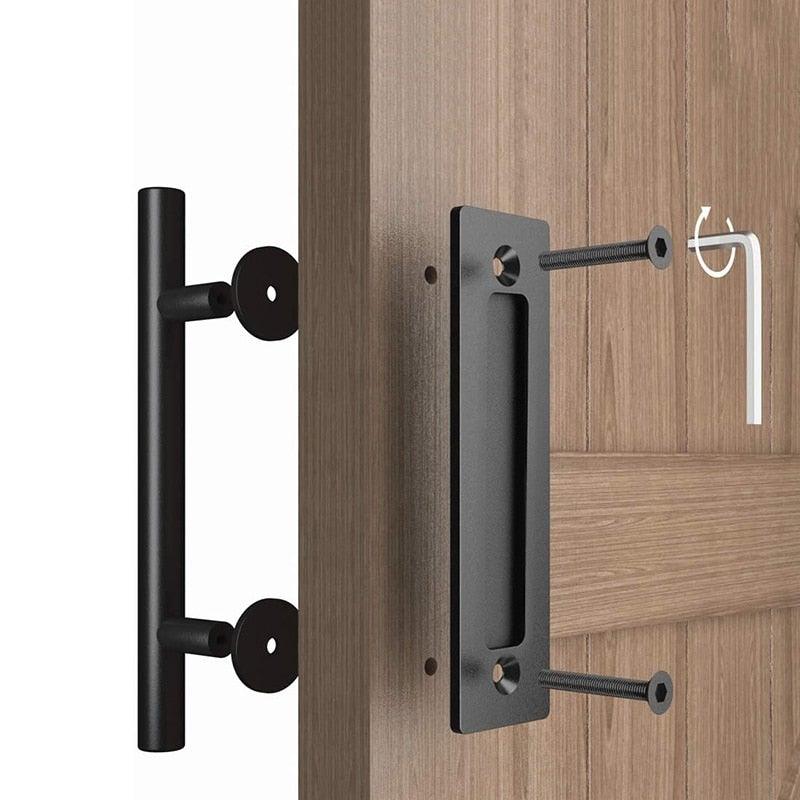 Sliding Barn Door Handle Pull Cabinet Flush Hardware Set Wood Door Handle Interior Door Furniture Handle Hardware Sliding Barn Door Pull Handle with Flush Hardware Set Heavy Duty Solid Square Rustic Style Black Powder Coated Finish