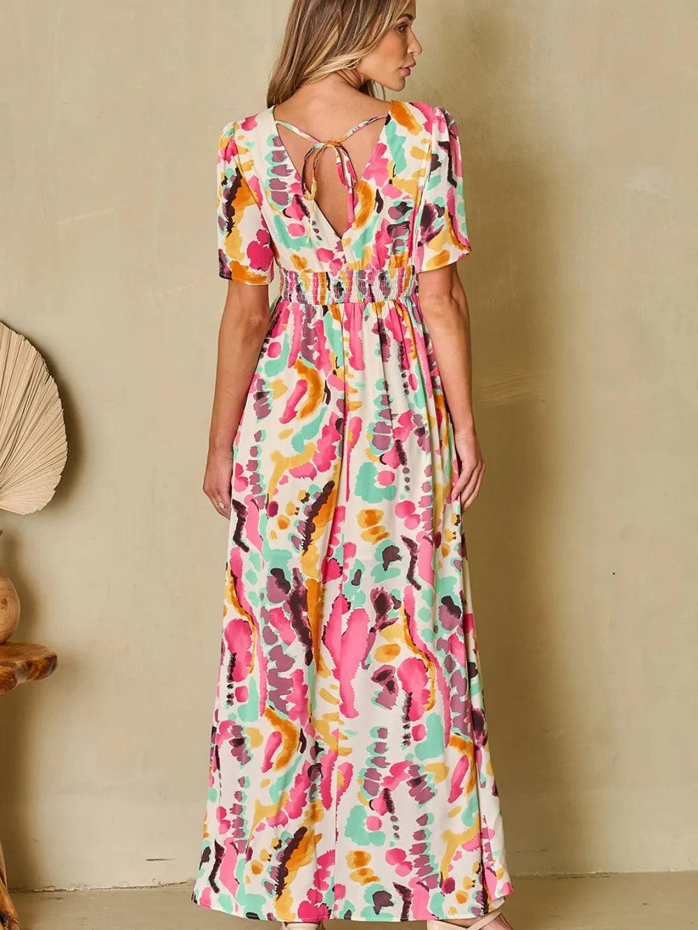 Slit Printed Surplice Short Sleeve Maxi Dress