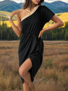 Slit Single Shoulder Short Sleeve Midi Dress - Black / S