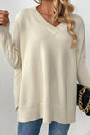 Slit V-Neck Dropped Shoulder Sweater - Light Yellow / XL