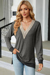 Slit V-Neck Long Sleeve T-Shirt - Dark Gray / M