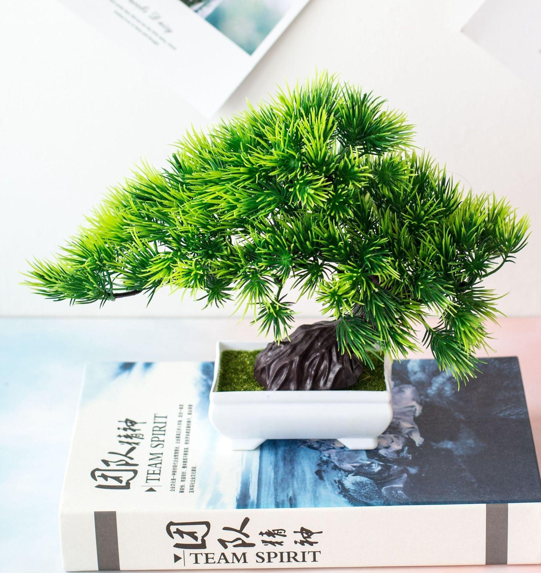 Small Green Artificial Pot Decor Bonsai Green Fake Flowers Potted Ornaments for Home Garden Decor Party Hotel Decor