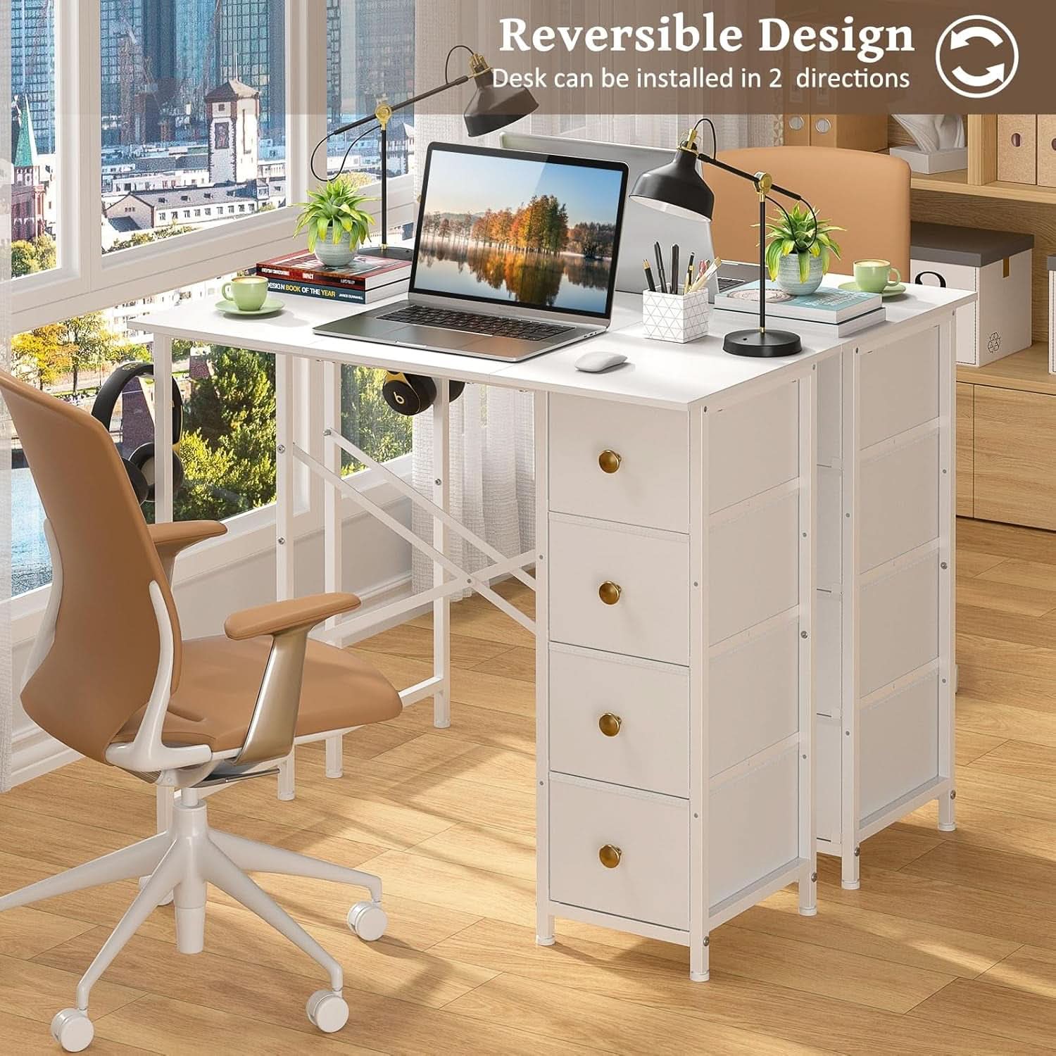 Small White Computer Desk With 4 Fabric Drawers 35 Inch