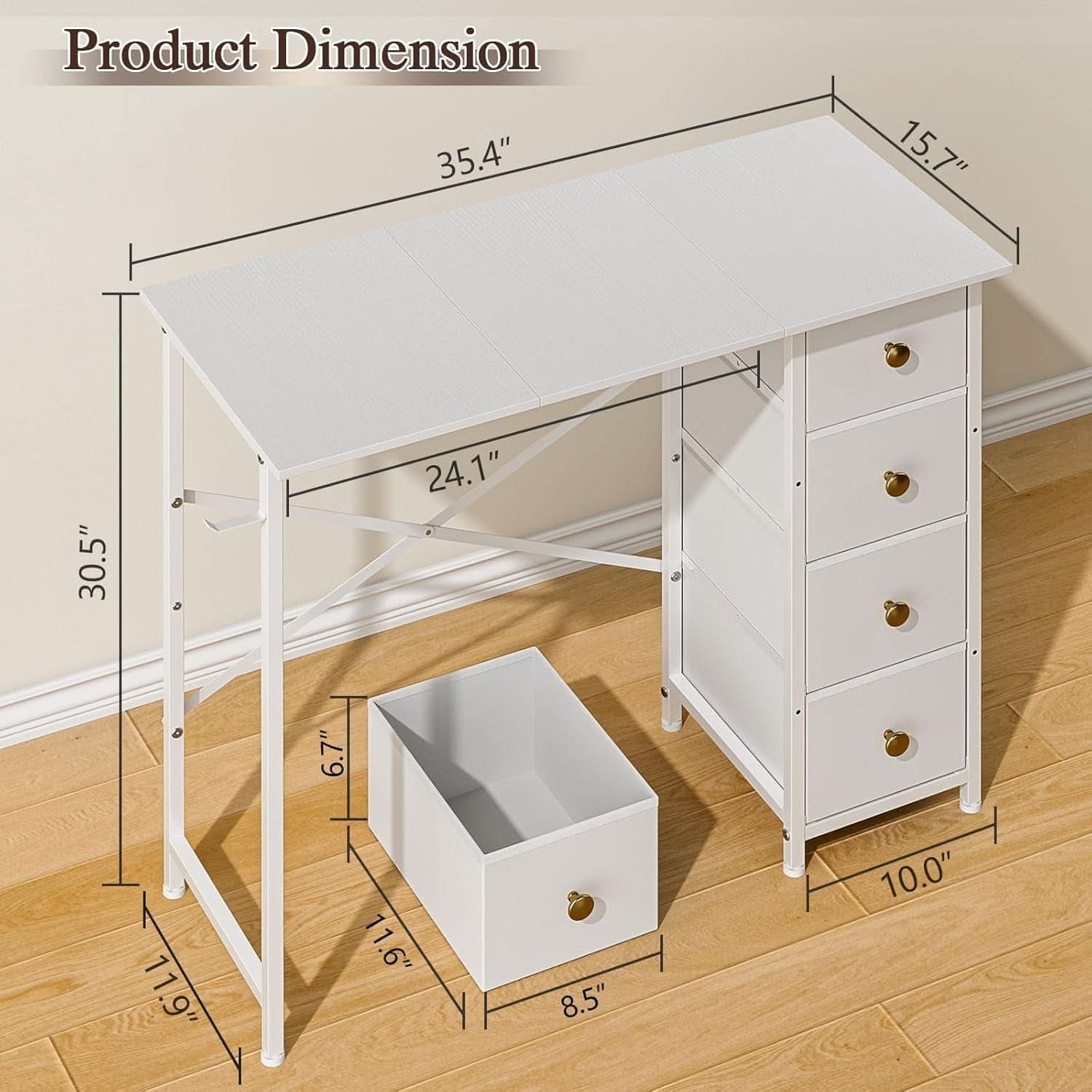 Small White Computer Desk With 4 Fabric Drawers 35 Inch