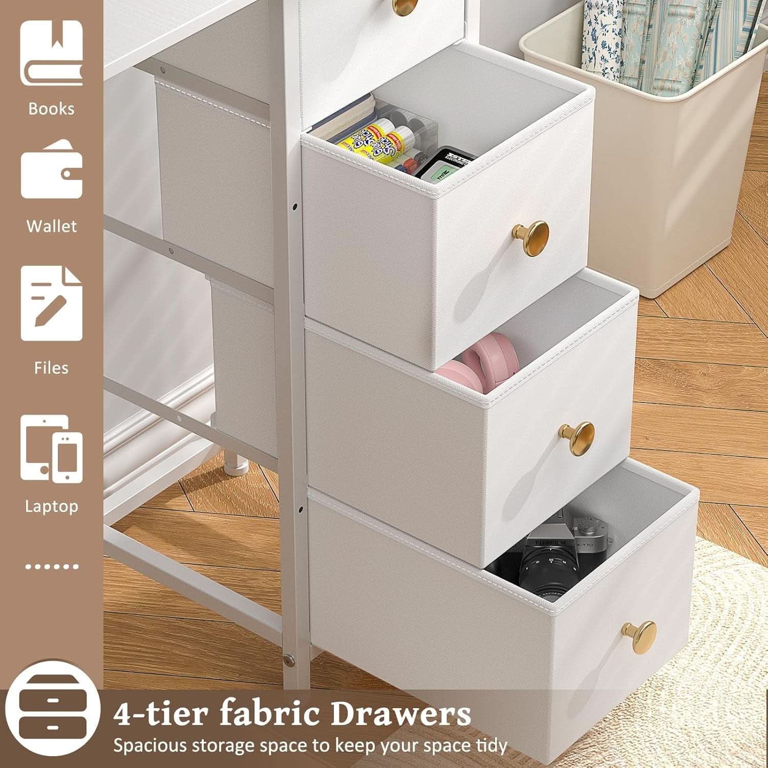 Small White Computer Desk With 4 Fabric Drawers 35 Inch