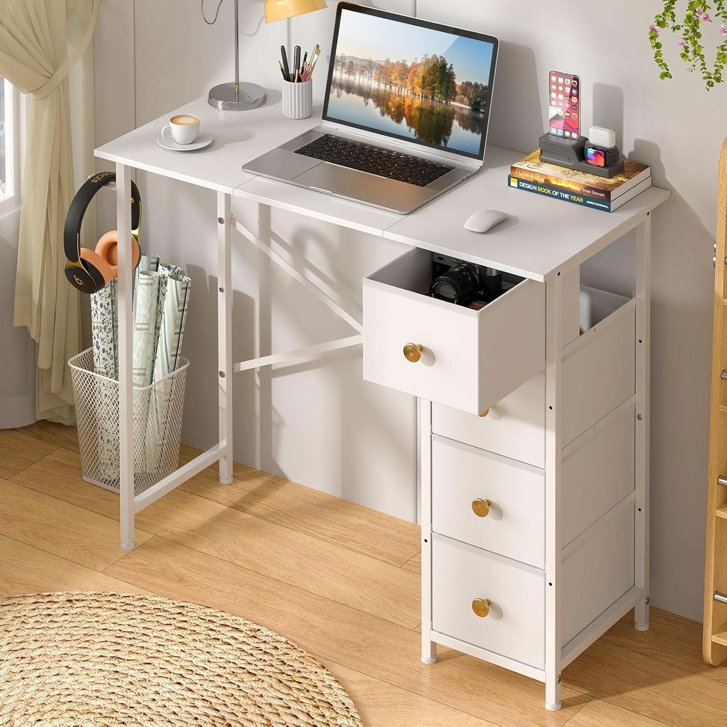 Small White Computer Desk With 4 Fabric Drawers 35 Inch