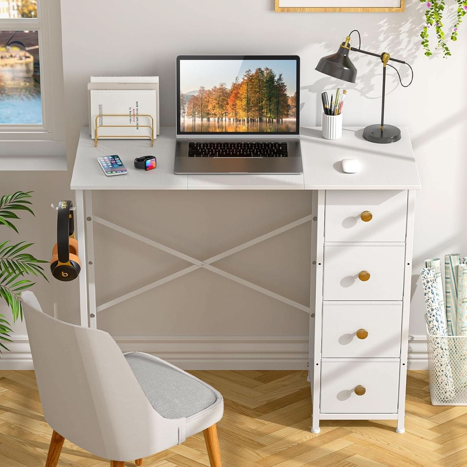 Small White Computer Desk With 4 Fabric Drawers 35 Inch