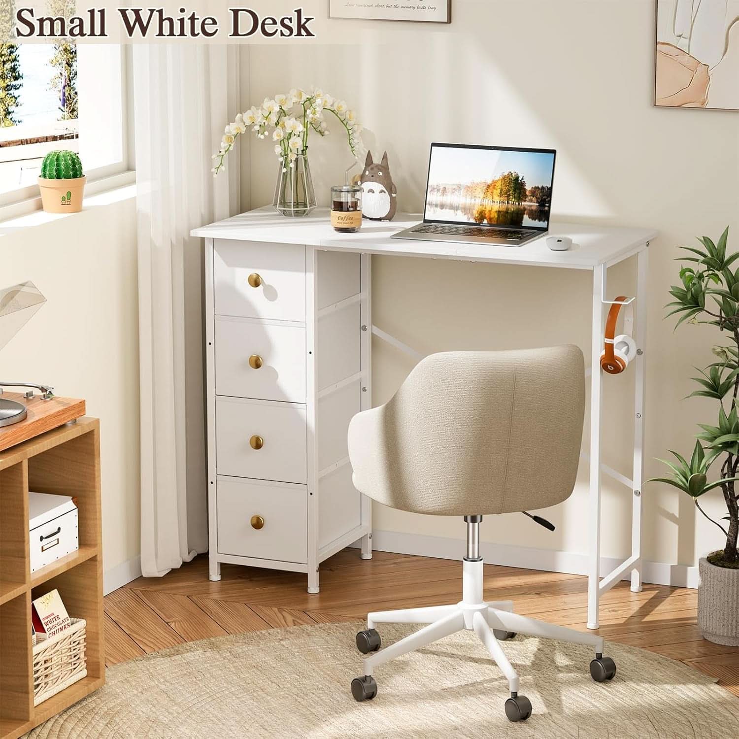 Small White Computer Desk With 4 Fabric Drawers 35 Inch