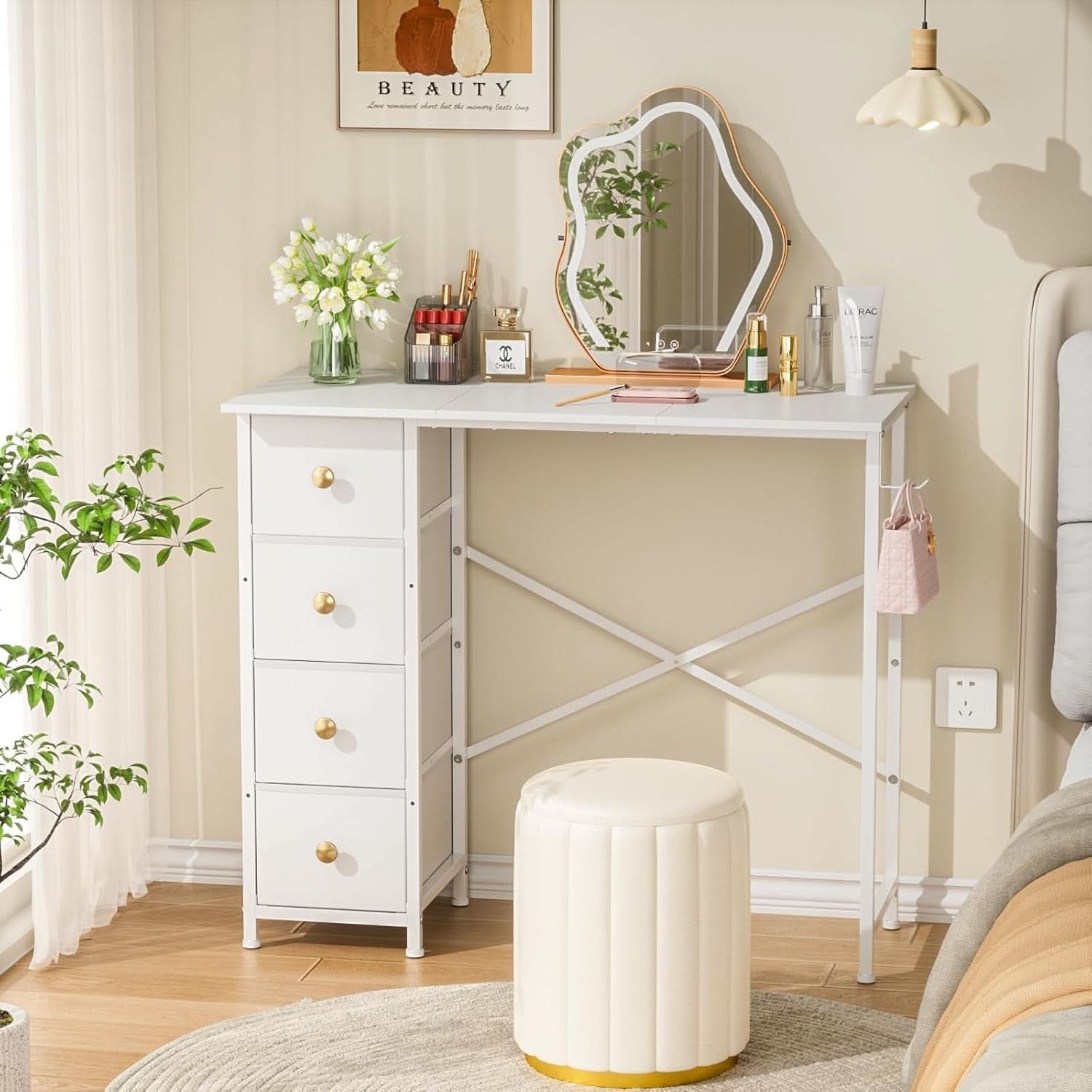 Small White Computer Desk With 4 Fabric Drawers 35 Inch