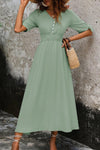 Smocked Quarter Button Short Sleeve Dress - Light Green / S
