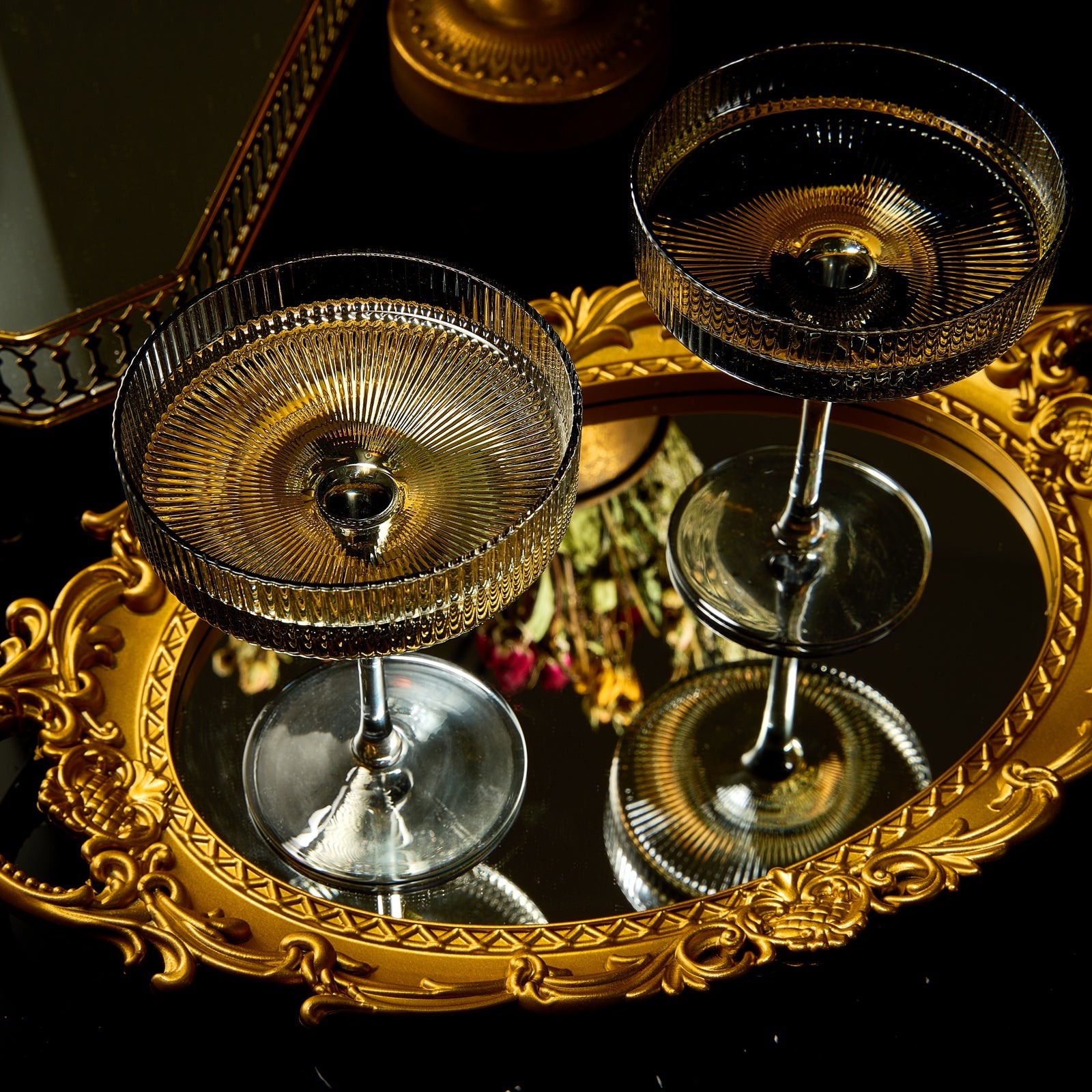 Ribbed Coupe Cocktail Glasses 8 oz | Set of 2 | Classic Manhattan Glasses For Cocktails, Champagne Coupe, Ripple Coupe Glasses, Art Deco Gatsby Vintage, Crystal with Stems (Smoke Grey)