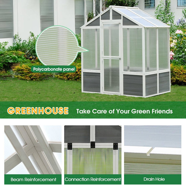Outdoor Walk-In Polycarbonate Garden Greenhouse With Drain Holes, 4x6FT (SAK51873)