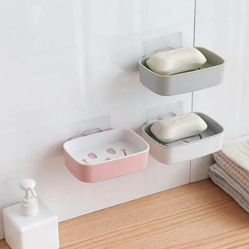 Soap Rack No Drilling Wall Mounted Double Layer Soap Holder Soap Sponge Dish Bathroom Accessories Soap Dishes Self Adhesive Soap Dish Bar Soap Holder Soap Dishes Tray Saver Case Box for Shower Bathroom Kitchen Dish Drainer Drying Rack