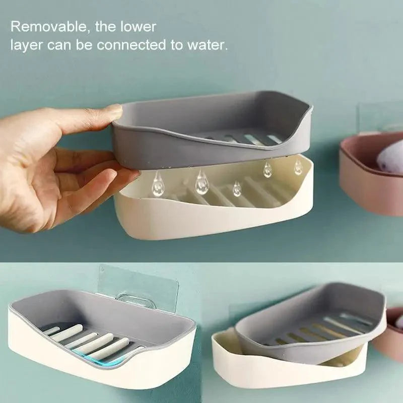 Soap Rack No Drilling Wall Mounted Double Layer Soap Holder Soap Sponge Dish Bathroom Accessories Soap Dishes Self Adhesive Soap Dish Bar Soap Holder Soap Dishes Tray Saver Case Box for Shower Bathroom Kitchen Dish Drainer Drying Rack