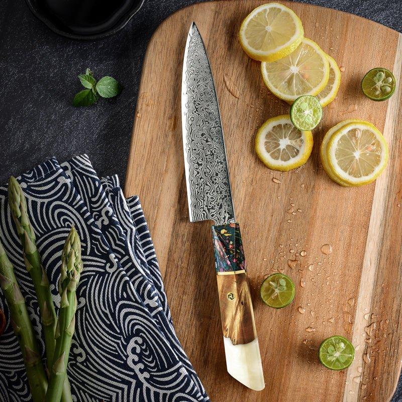 Solace VG10 Damascus Petty Knife with Exotic Olive Wood Handle