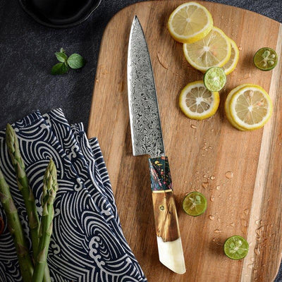 Solace VG10 Damascus Petty Knife with Exotic Olive Wood Handle