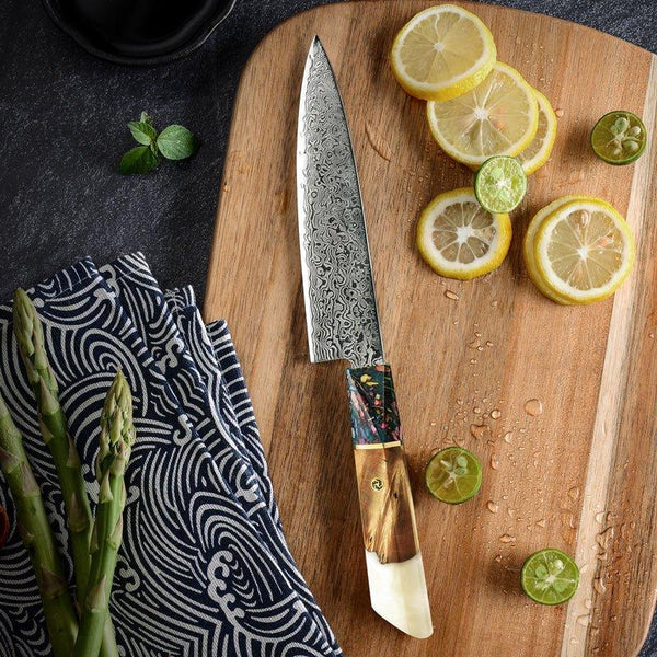 Solace VG10 Damascus Petty Knife with Exotic Olive Wood Handle