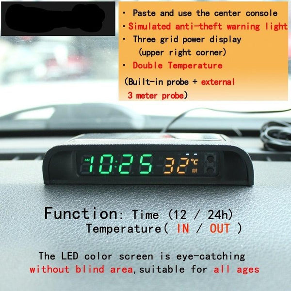 Solar Car Digital Clock Thermometer Dual Color Display Smart Switch High Precision LED Digital Clock Dashboard Solar Powered Car Electronic Clock Stick-On Luminous Car Clock Dashboard Auto Clock Car Watch Clock with Adjustable Brightness Date Temperature