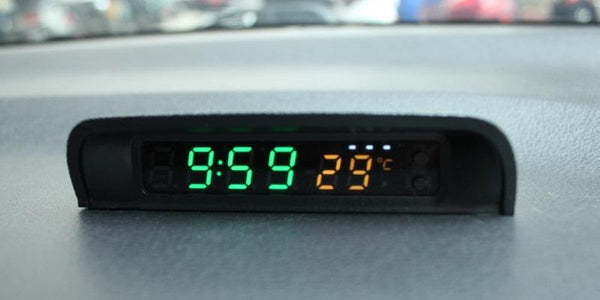 Solar Car Digital Clock Thermometer Dual Color Display Smart Switch High Precision LED Digital Clock Dashboard Solar Powered Car Electronic Clock Stick-On Luminous Car Clock Dashboard Auto Clock Car Watch Clock with Adjustable Brightness Date Temperature