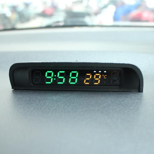 Solar Car Digital Clock Thermometer Dual Color Display Smart Switch High Precision LED Digital Clock Dashboard Solar Powered Car Electronic Clock Stick-On Luminous Car Clock Dashboard Auto Clock Car Watch Clock with Adjustable Brightness Date Temperature