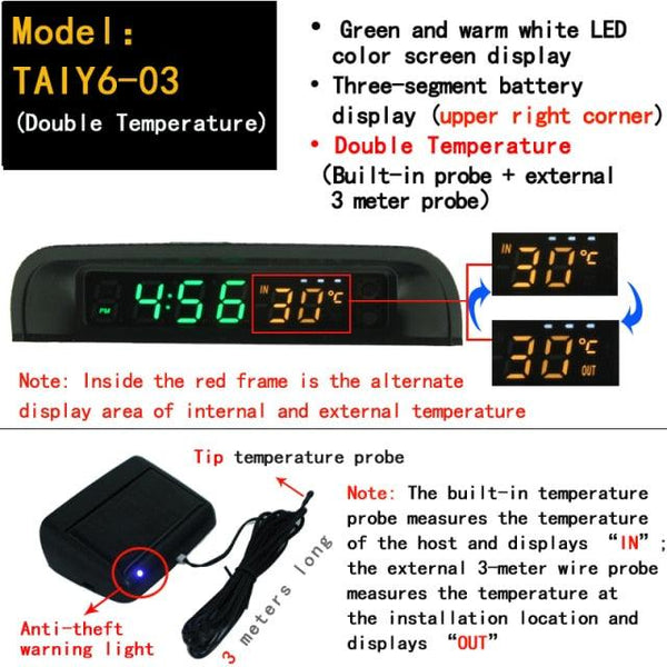 Solar Car Digital Clock Thermometer Dual Color Display Smart Switch High Precision LED Digital Clock Dashboard Solar Powered Car Electronic Clock Stick-On Luminous Car Clock Dashboard Auto Clock Car Watch Clock with Adjustable Brightness Date Temperature