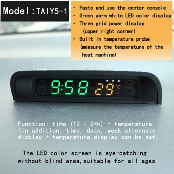 Solar Car Digital Clock Thermometer Dual Color Display Smart Switch High Precision LED Digital Clock Dashboard Solar Powered Car Electronic Clock Stick-On Luminous Car Clock Dashboard Auto Clock Car Watch Clock with Adjustable Brightness Date Temperature