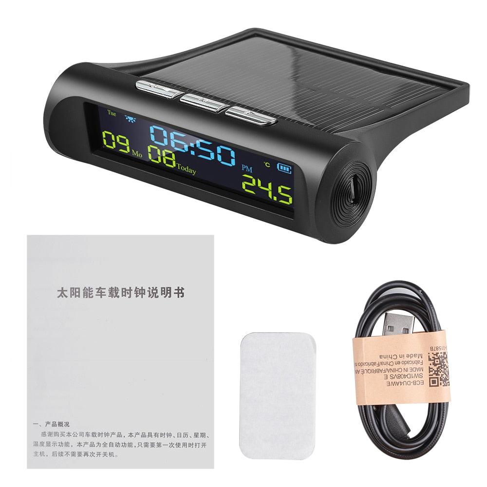 Solar Car Digital Clock with LCD Time Date In-Car Temperature Display for Outdoor Personal Car Part Decoration Universal Wireless Car Head Up Display Digital GPS Speedometer MPH Solar Battery USB Charged with Time Clock