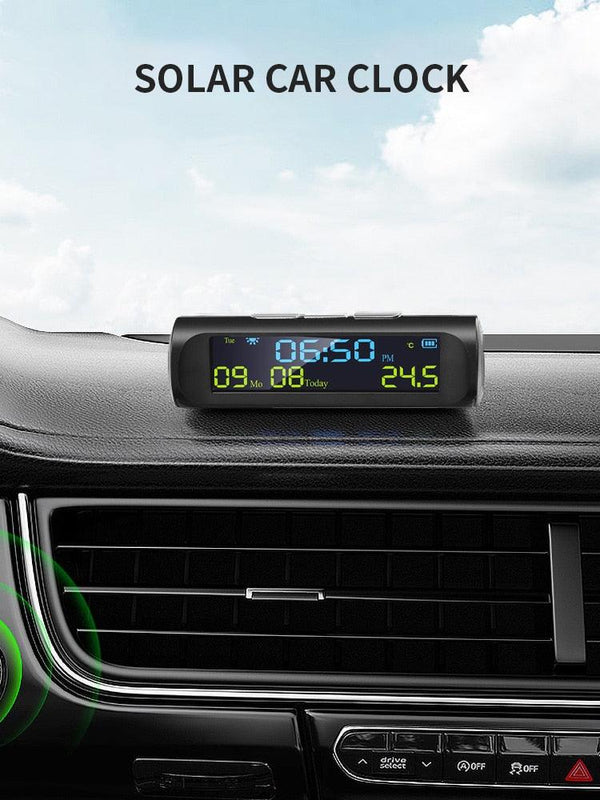 Solar Car Digital Clock with LCD Time Date In-Car Temperature Display for Outdoor Personal Car Part Decoration Universal Wireless Car Head Up Display Digital GPS Speedometer MPH Solar Battery USB Charged with Time Clock