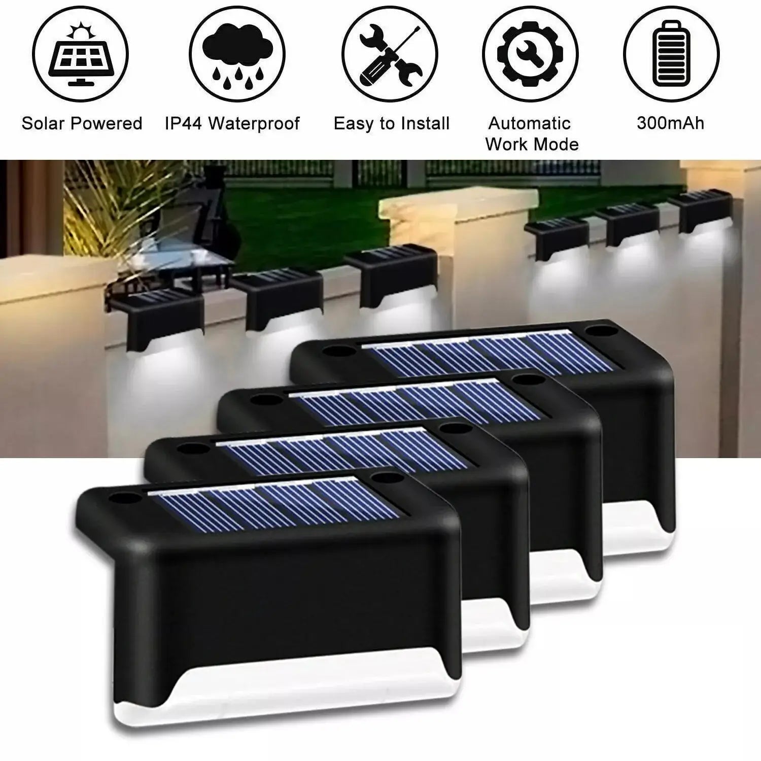 Solar Step Light Set of 4 with Warm LED and Weatherproof Design