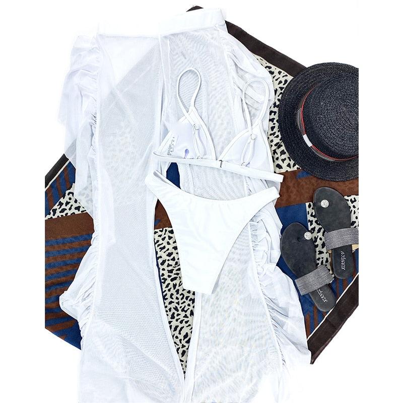 Solid bikini Mesh 3 Pieces Set Swimsuit 3 Pieces Swimsuit Solid Padded Swimwear with Maxi Wrap Skirt Beach Vacation Swim Bath Wear Women Elegant Swimwear Female Ruffle Swimming Suit Sports Bathing Suit