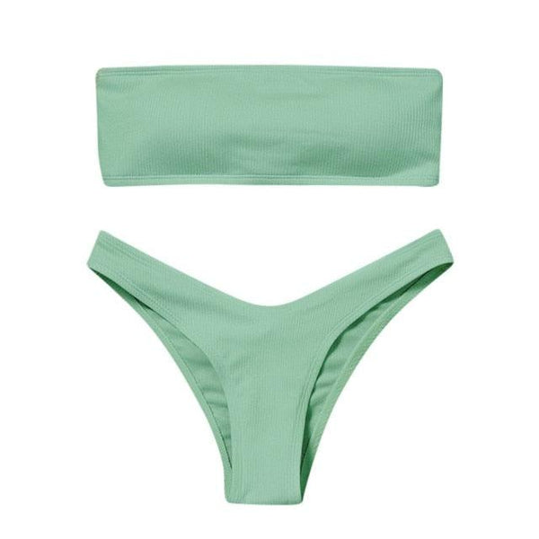 Solid Bikini Swimsuit Women Bikini Set Women Strapless Ribbed  Bikini Set Lace Up High Cut Two Piece Swimsuit Bathing Suit Two Piece Tube Top Swimwear Female Bather Swimming Suit