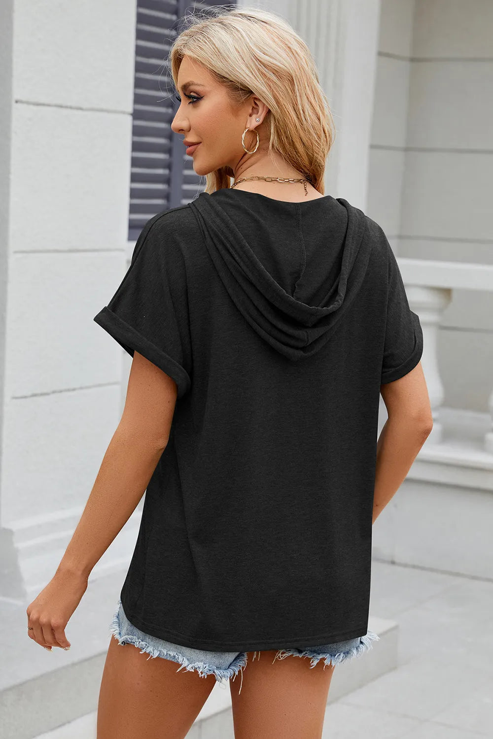 Solid color hooded button loose short sleeved T-shirt top for women